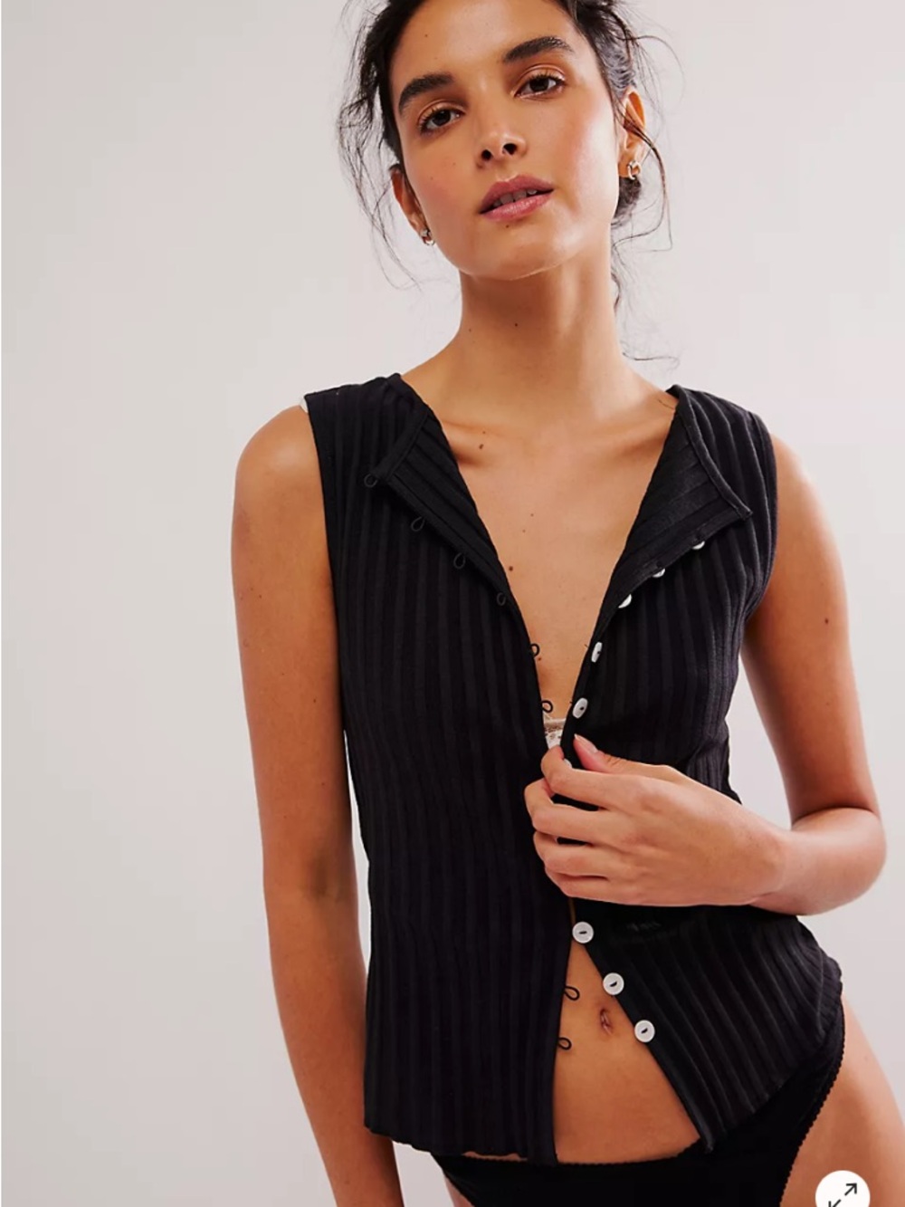 Free People Navy Ribbed Sleeveless Button Tank